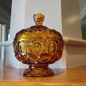LE Smith Moon and Stars Amber Compote Candy Dish with Lid 7.5" - READ
